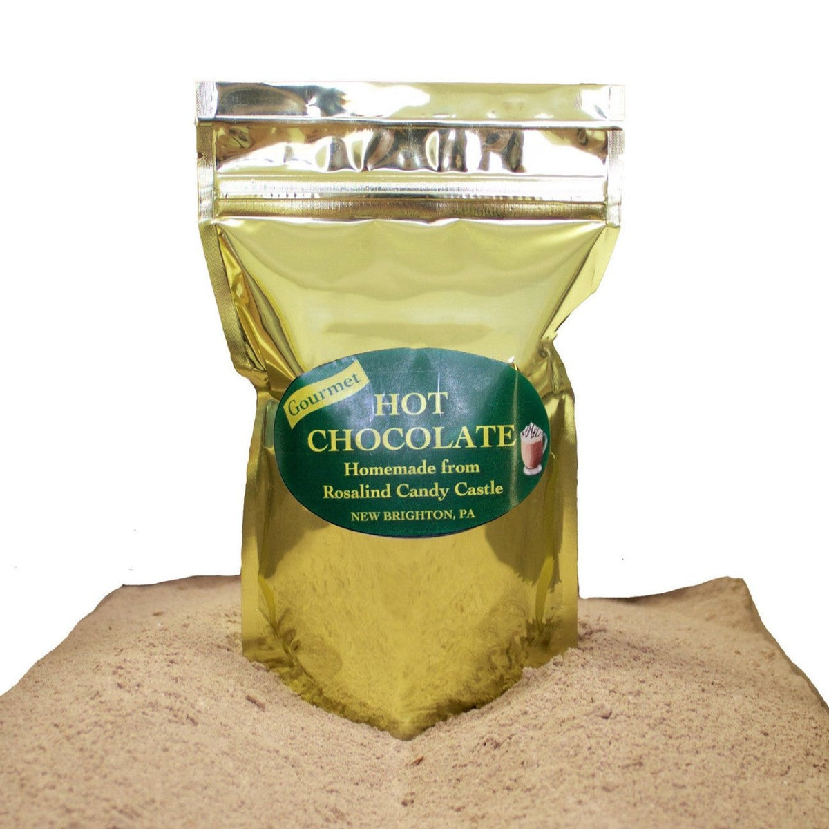 A resealable gold-colored bag labeled 'Gourmet Hot Chocolate' with a green and white round label stating 'Homemade from Rosalind Candy Castle'.