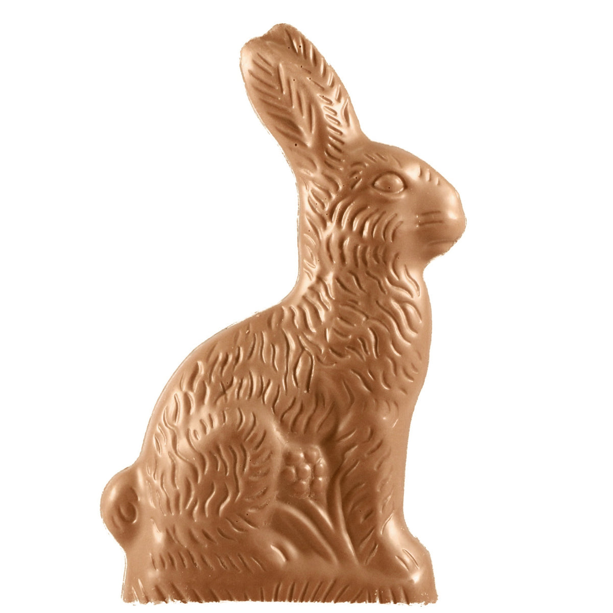 A solid milk chocolate sitting rabbit with a textured surface, representing the product described in the given input.