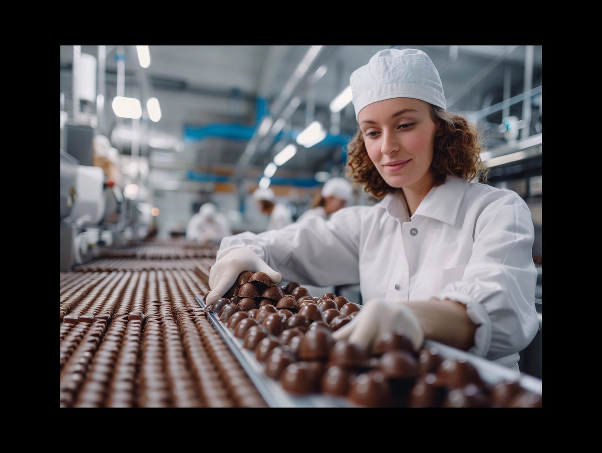 Woman working with chocolate products in a factory setting
